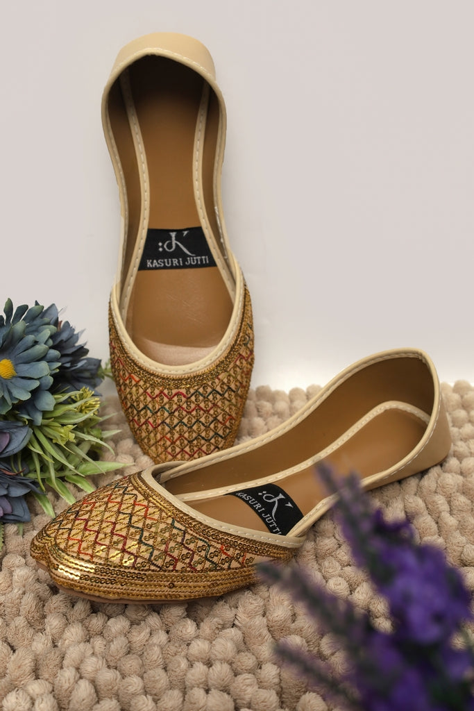 Desert Diamond Kasuri Jutti with multicolored crystal and gold thread embroidery