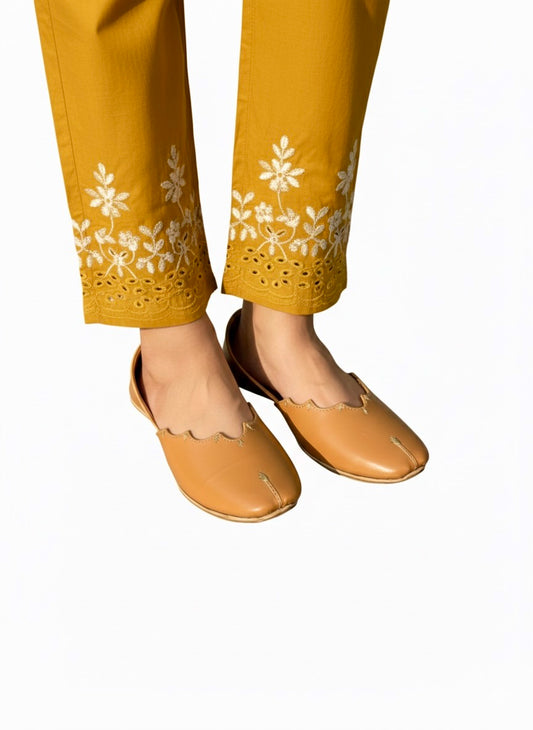 Yellow plain Kasuri jutti worn with mustard trouser